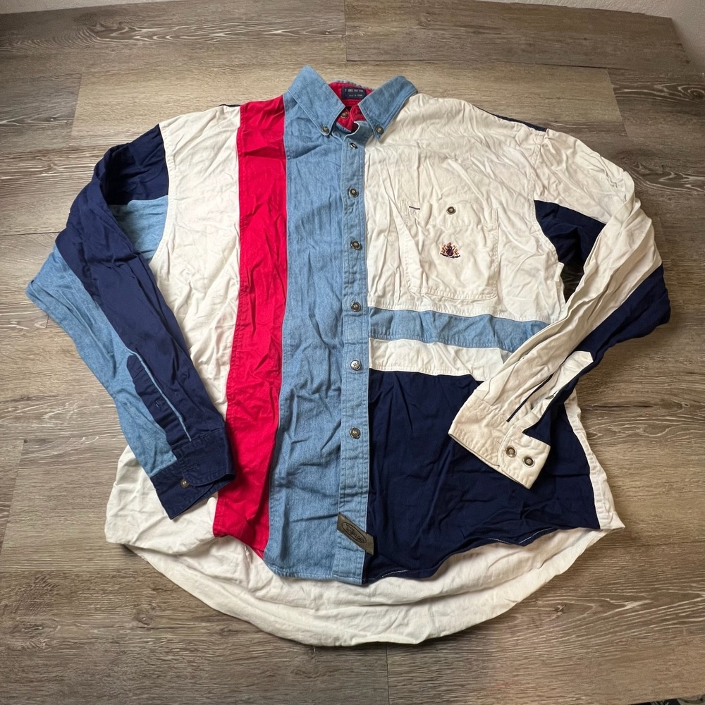 Urgent Gear Button Down Shirt Mens XL Multicolor Colorblock Denim 90s Retro